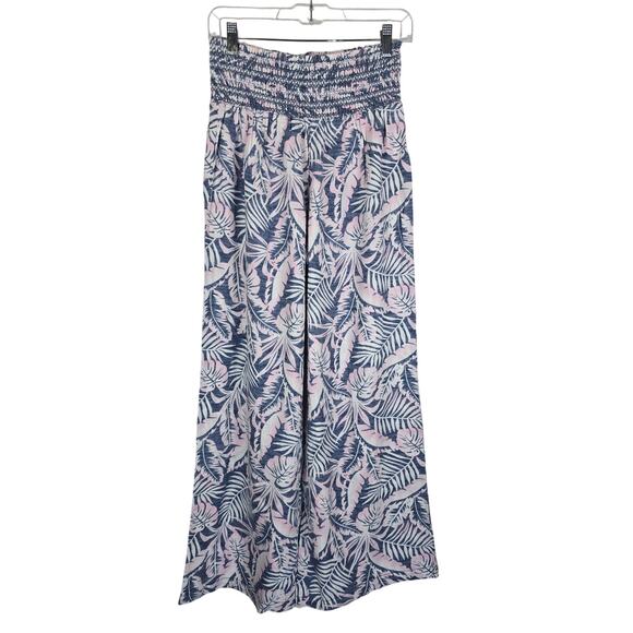 DAHUI Hawaii Smocked Waist Wide Leg Linen Hawaiian Print Pants Blue Pink L - Picture 1 of 4